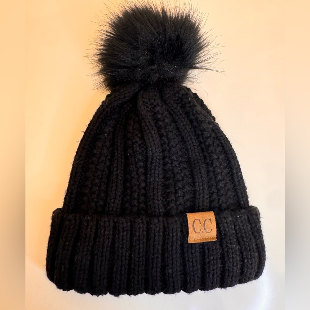 C.C Black Knit Outerwear Beanie with Pom